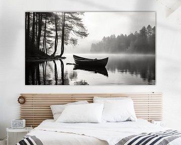 Schwarz-Weiß-Bild mit See und Holzboot im Nebel mit hohen Bäumen im Hintergrund