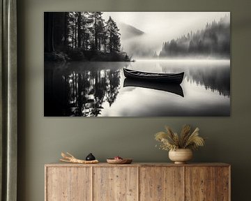 Schwarz-Weiß-Bild mit See und Holzboot im Nebel mit hohen Bäumen im Hintergrund