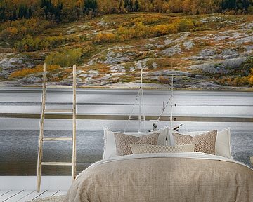 Fishing life in Norway, Norwegian fishing boat at anchor in a fjord