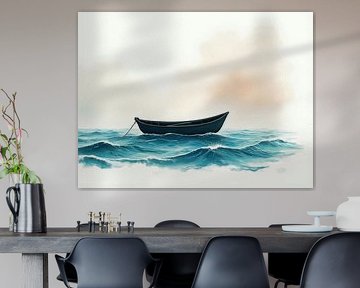 Schilderij van een verlaten bootje op zee