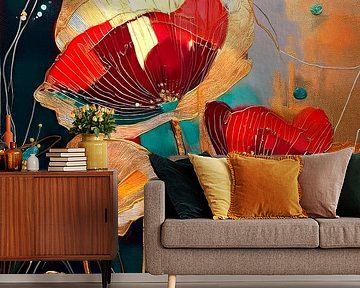 Abstract poppies, series Gold structures-2 by Studio Pieternel