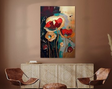 Abstract schilderij met  Klaprozen en goud structuren van Studio Pieternel