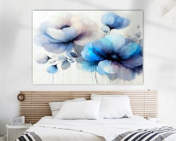 Pioenrozen Fantasie Bloemen Pastelblauw van Mad Dog Art