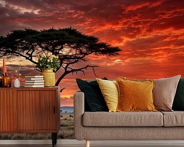 Serengeti im Feuerschein des Sonnenuntergangs von Klaus Tesching - Art-AI