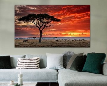 Serengeti in het vuurlicht van de zonsondergang van Klaus Tesching - Art-AI