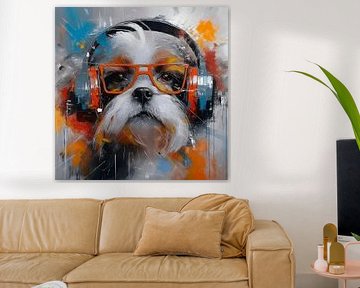 Shih Tzu dog with headphones and glasses 2