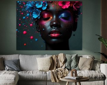 Donker model met bloemen en surrealistische kleuren