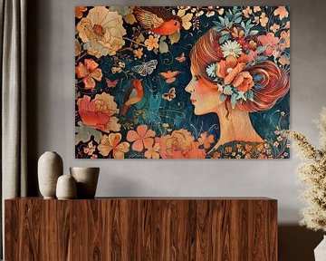 Vrouw en Vogels van Abstract Schilderij