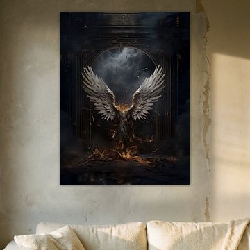 Levensgrote engelen vleugels voor een donkere muur