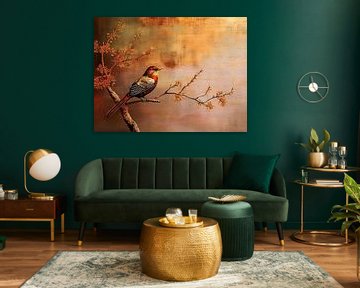 Retro Schilderij. Vogeltje  op een boomtak in de Herfst van Studio Pieternel