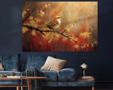 Schilderij in goudkleuren van een klein vogeltje  op een tak