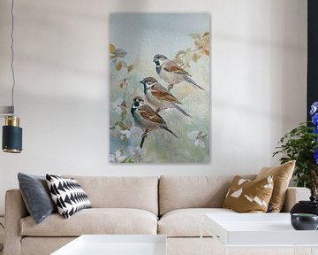 Natuurlijk Schilderij van Drie huismusjes op een appelbloesemtak van Studio Pieternel