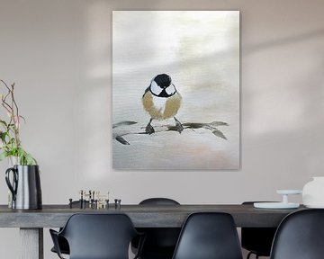 Minimalistisch schilderij van een koolmeesje op een boomtak. van Studio Pieternel