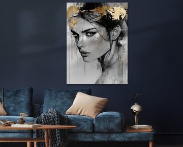 Modern en abstract portret in zwart en goud van Carla Van Iersel