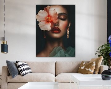 Modern chic portret met grote bloem van Carla Van Iersel