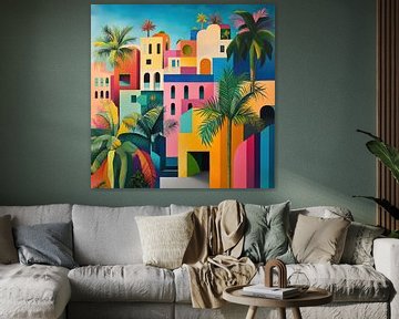 Fantasierijk stadsbeeld in pasteltinten – dromerige compositie met zachte vormen van Natasja Haandrikman