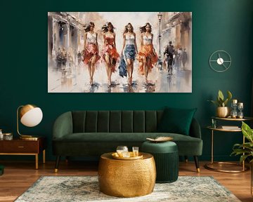 Tableau abstrait de quatre femmes faisant du shopping en ville, aquarelle-acrylique design d'art