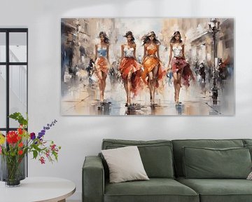 Tableau abstrait de quatre femmes faisant du shopping en ville, aquarelle-acrylique design d'art