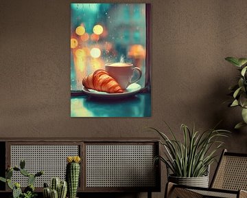 Matinée agréable avec café et croissant à la fenêtre