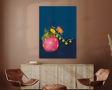 Flowers on pink globe vase art print by Angela Peters