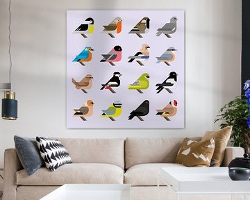 Grafische vogels - 16 Nederlandse tuinvogels in stijl (paarse editie) van Tim de Leeuw