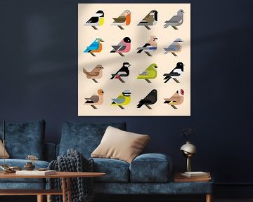 Grafische vogels - 16 Nederlandse tuinvogels in stijl (geel editie) van Tim de Leeuw