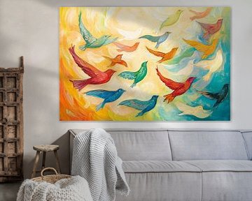 Kleurrijke abstracte vogels in vlucht van Imperial Art House