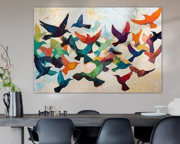 Kleurrijke abstracte vogels in vlucht van Imperial Art House