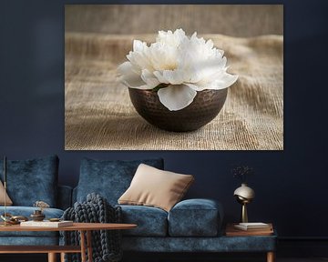 White peony in copper bowl
