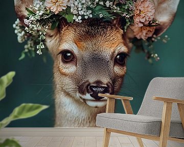 Hirsch mit Blumenkrone Porträt