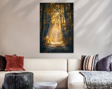 Herfstbos met gouden lichtstralen van Imperial Art House