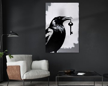 Kraai met sleutel in zwart-wit van Imperial Art House