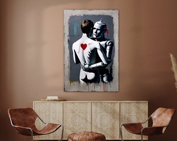 Human and robot embrace art