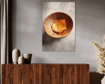 Golden autumn leaf in wooden bowl by Imperial Art House