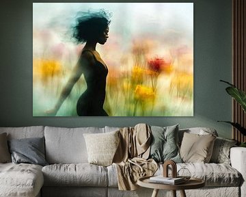 Zwarte vrouw voor een kleurrijke bloemenachtergrond