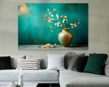 Stilleven schilderij. Eenvoudige Elegantie. Vaas met kersenbloesem - Japandi stijl - 3 van Studio Pieternel