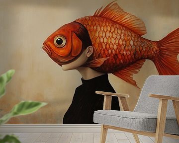 Woman with goldfish head surreal surrealism panorama