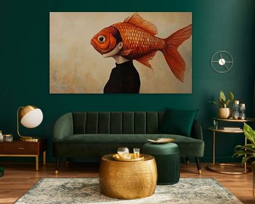 Vrouw met goudvis hoofd surrealistisch surrealisme panorama van TheXclusive Art