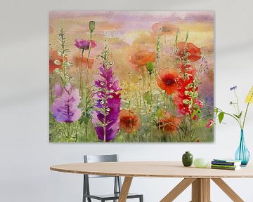 Natuurlijk schilderij:  Stokrozen en klaprozen in het veld van Studio Pieternel