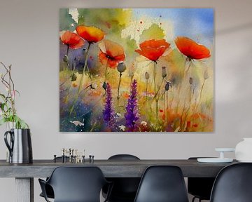 Sfeervol schilderij: Kleurrijke wilde bloemen en klaprozen in het veld van Studio Pieternel