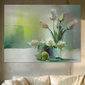 Modern Stilleven. Vaas met tulpen en hyacinten