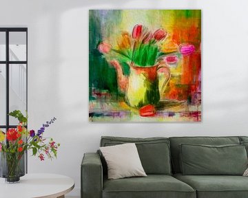 Still life. Copper jug with Dutch tulips