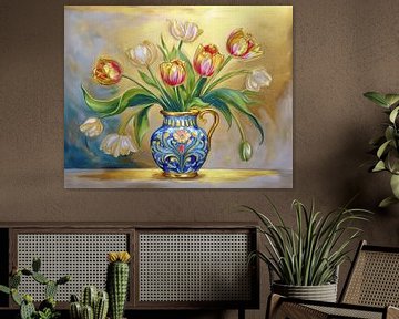 Klassiek lente stilleven. Tulpenboeket in oud Hollandse vaas. van Studio Pieternel