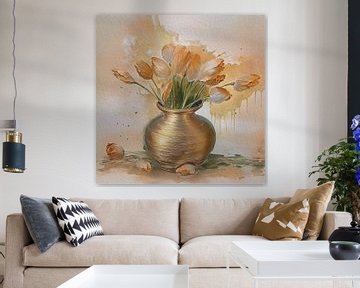 Modern Stilleven schilderij. Boeket Hollandse tulpen in gouden vaas van Studio Pieternel