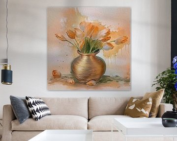 Still life. Bouquet of Dutch tulips in golden vase by Studio Pieternel