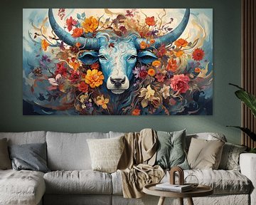 majestueuze stier met levendige bloemen op zijn hoorns, kunst design schilderij van Animaflora PicsStock