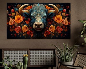 majestueuze stier met levendige bloemen op zijn hoorns, kunst design schilderij van Animaflora PicsStock