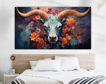 majestueuze stier met levendige bloemen op zijn hoorns, kunst design schilderij van Animaflora PicsStock