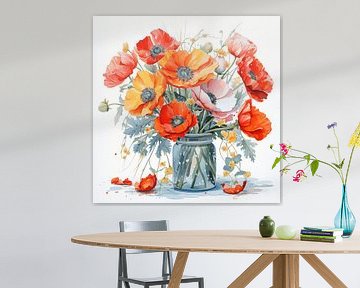 Stilleven met kleurrijke klaprozen in een glas aquarel schilderij op wit canvas art design van Animaflora PicsStock