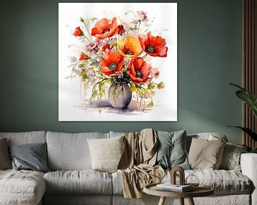 Stilleven met kleurrijke klaprozen in een vaas, aquarel schilderij op wit canvas art design van Animaflora PicsStock